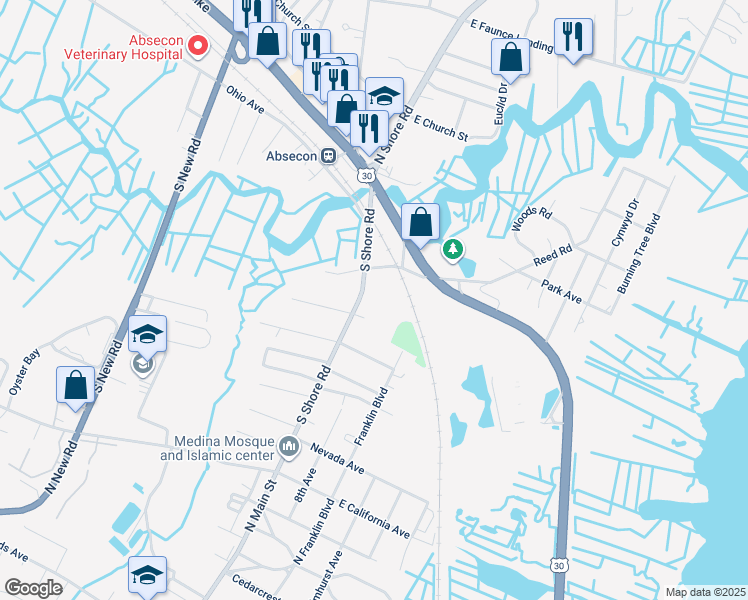 map of restaurants, bars, coffee shops, grocery stores, and more near 324 South Shore Road in Absecon