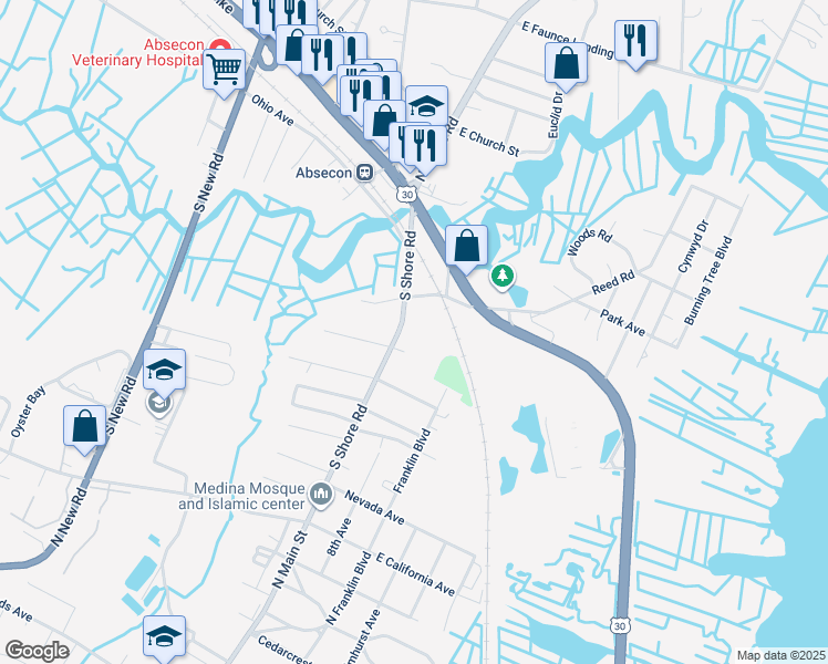 map of restaurants, bars, coffee shops, grocery stores, and more near 324 South Shore Road in Absecon