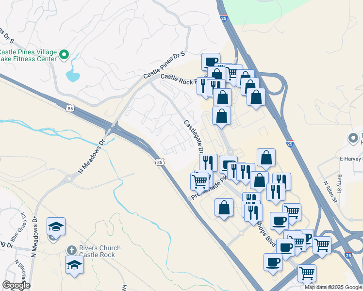 map of restaurants, bars, coffee shops, grocery stores, and more near 6013 Castlegate Drive West in Castle Rock