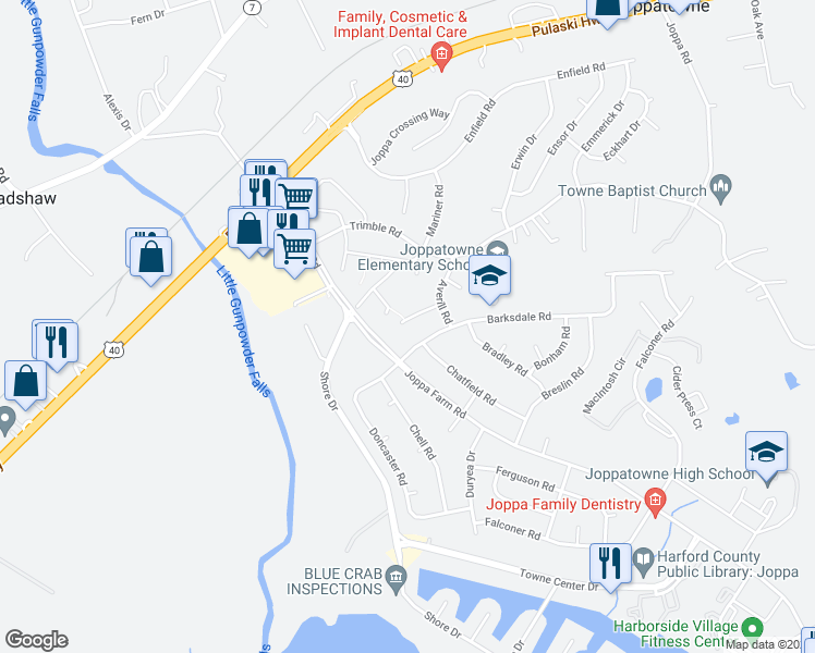 map of restaurants, bars, coffee shops, grocery stores, and more near 303 Adair Court in Harford County