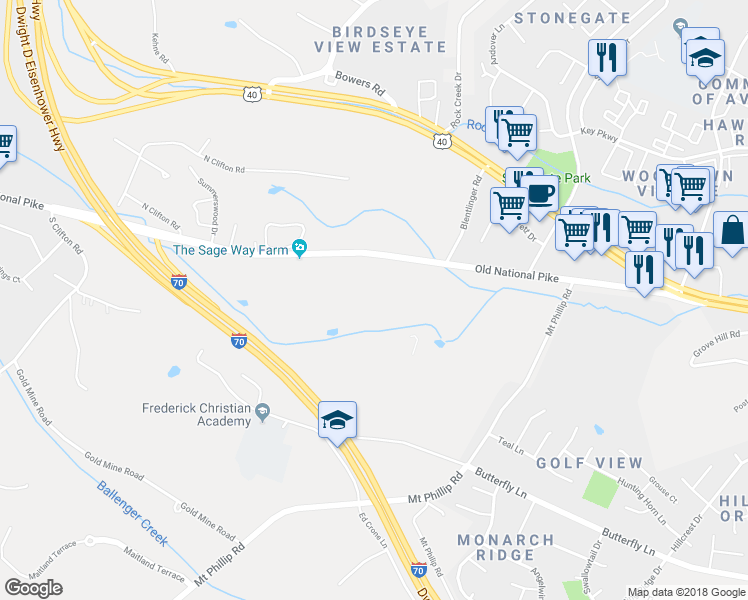 map of restaurants, bars, coffee shops, grocery stores, and more near 5519 Old National Pike in Frederick