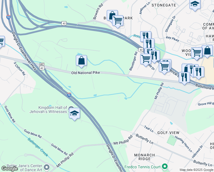 map of restaurants, bars, coffee shops, grocery stores, and more near 5519 Old National Pike in Frederick