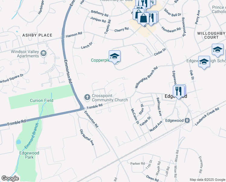 map of restaurants, bars, coffee shops, grocery stores, and more near 493 Buxton Court in Edgewood