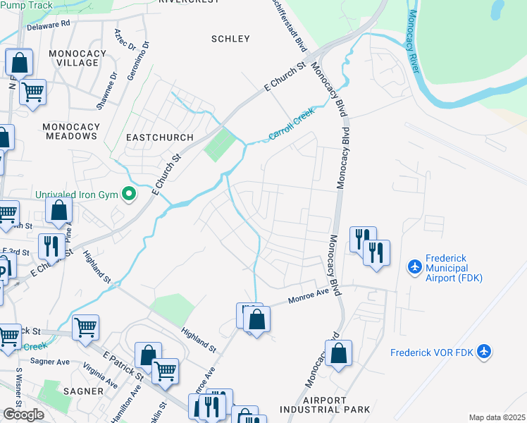 map of restaurants, bars, coffee shops, grocery stores, and more near 404 Carroll Walk Avenue in Frederick