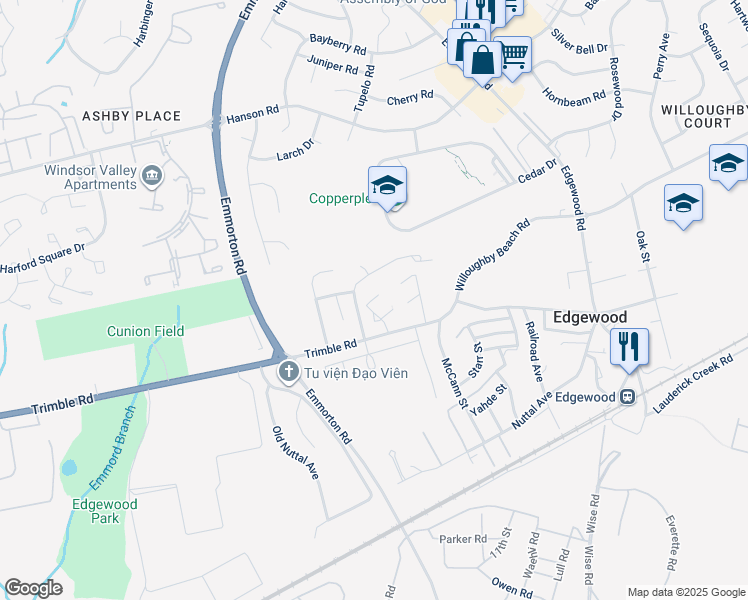 map of restaurants, bars, coffee shops, grocery stores, and more near 457 Buxton Court in Edgewood