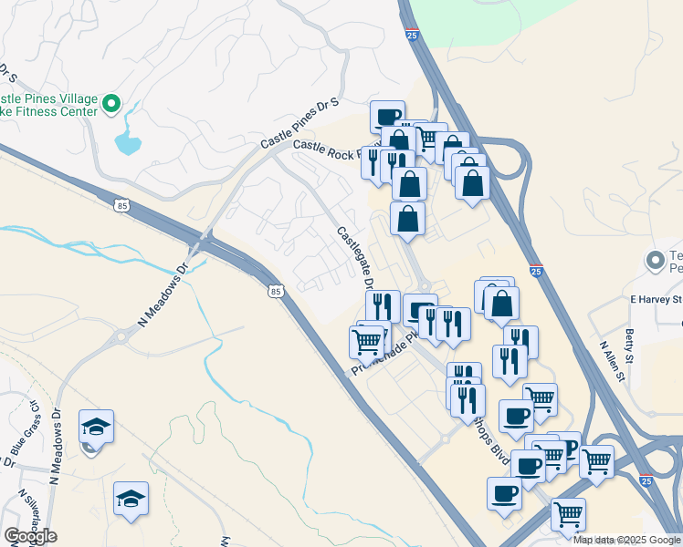 map of restaurants, bars, coffee shops, grocery stores, and more near 6045 Castlegate Drive West in Castle Rock