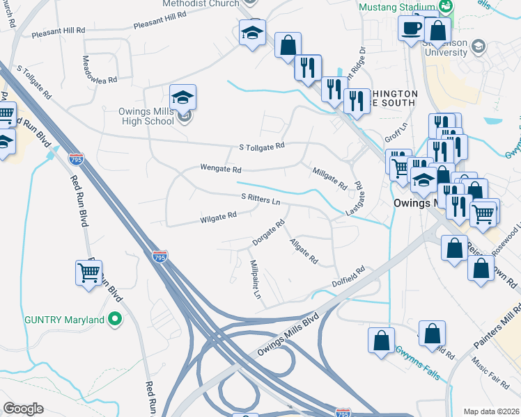 map of restaurants, bars, coffee shops, grocery stores, and more near 104 South Ritters Lane in Owings Mills