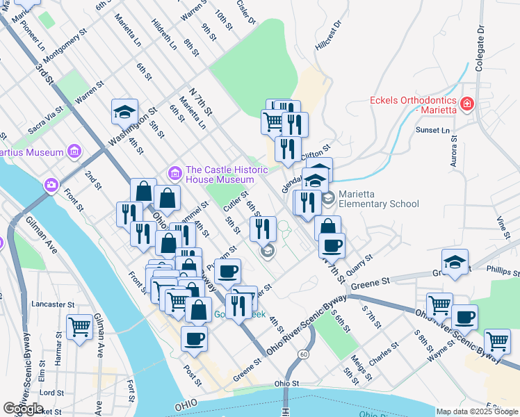 map of restaurants, bars, coffee shops, grocery stores, and more near 604 Cutler Street in Marietta