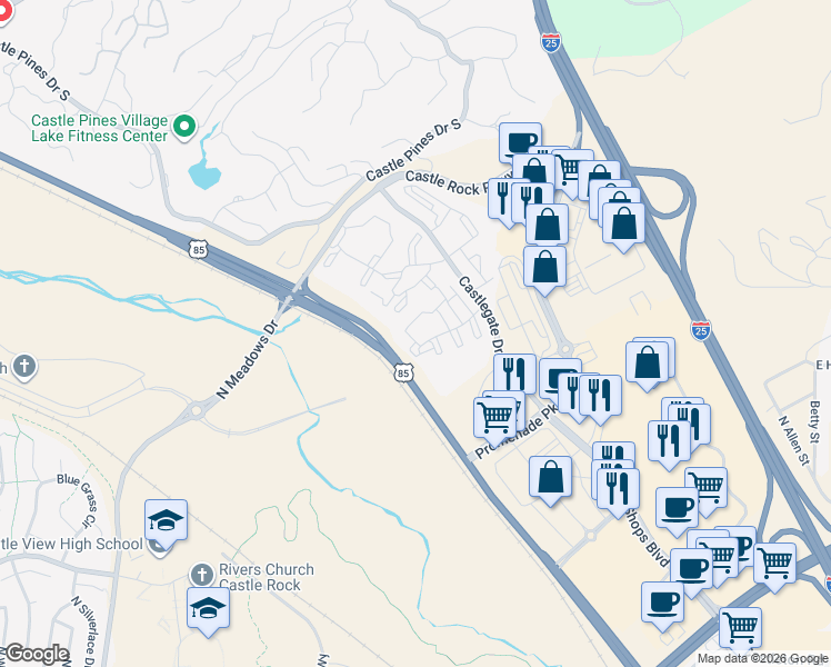 map of restaurants, bars, coffee shops, grocery stores, and more near 6021 Castlegate Drive West in Castle Rock