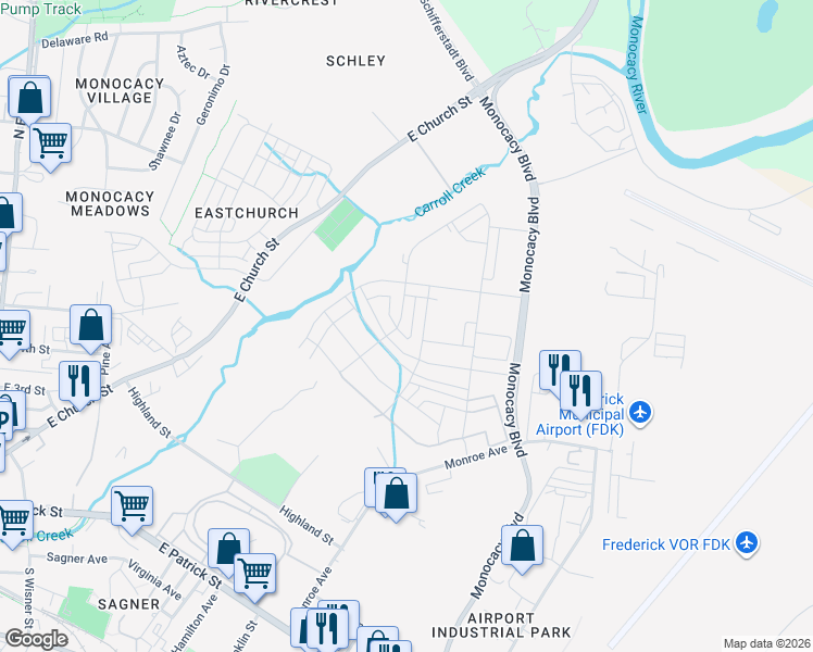 map of restaurants, bars, coffee shops, grocery stores, and more near 404 Carroll Walk Avenue in Frederick