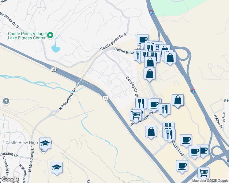 map of restaurants, bars, coffee shops, grocery stores, and more near 6021 Castlegate Drive West in Castle Rock