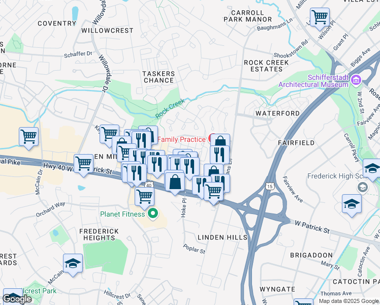 map of restaurants, bars, coffee shops, grocery stores, and more near 106 Twin Eagle Court in Frederick