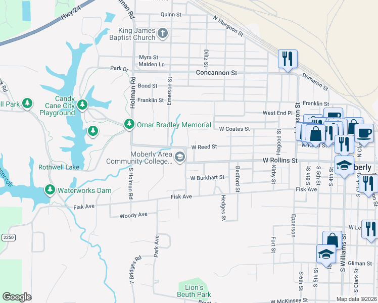 map of restaurants, bars, coffee shops, grocery stores, and more near 1001-1099 W Reed St in Moberly