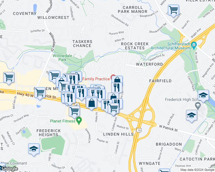 map of restaurants, bars, coffee shops, grocery stores, and more near 103 Whiskey Creek Circle in Frederick
