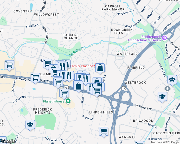 map of restaurants, bars, coffee shops, grocery stores, and more near Whiskey Creek Circle in Frederick