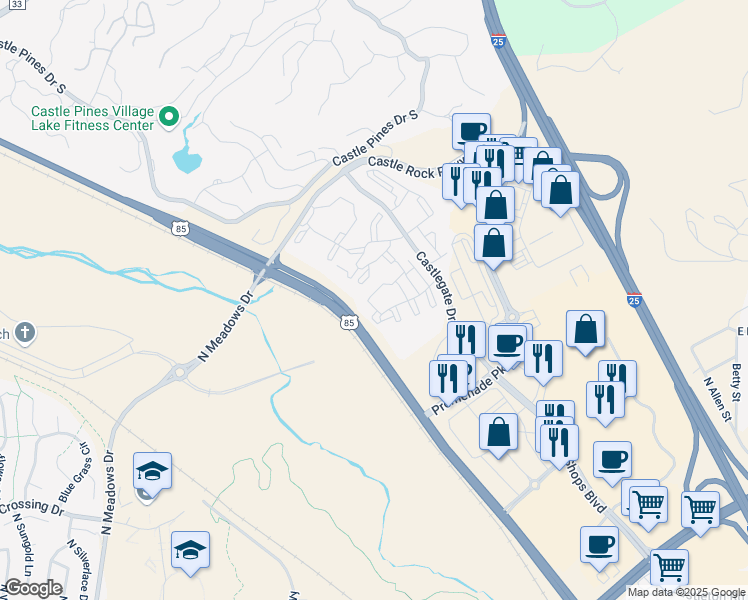 map of restaurants, bars, coffee shops, grocery stores, and more near 6193 Castlegate Drive West in Castle Rock