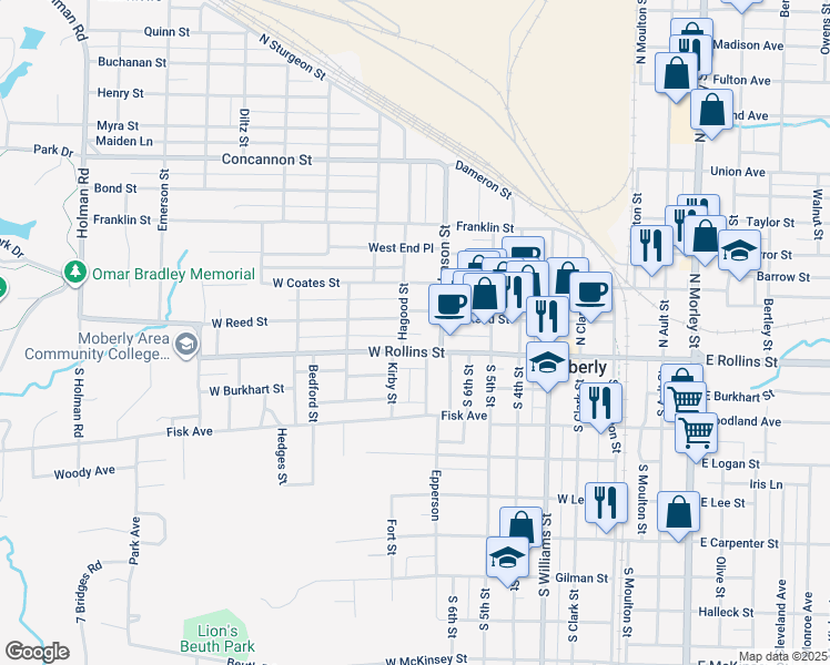map of restaurants, bars, coffee shops, grocery stores, and more near 201-211 Hagood Street in Moberly