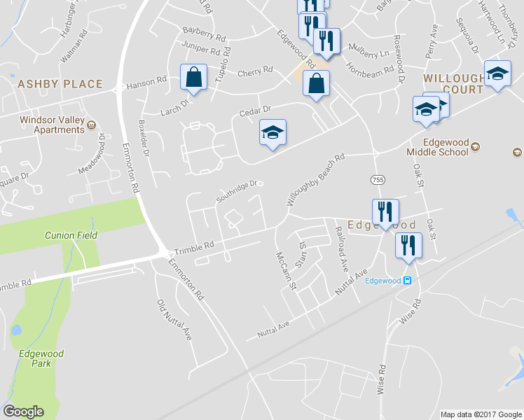 map of restaurants, bars, coffee shops, grocery stores, and more near 402 Gateshead Court in Edgewood