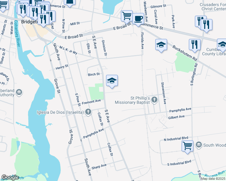 map of restaurants, bars, coffee shops, grocery stores, and more near 11 Cherry Street in Bridgeton
