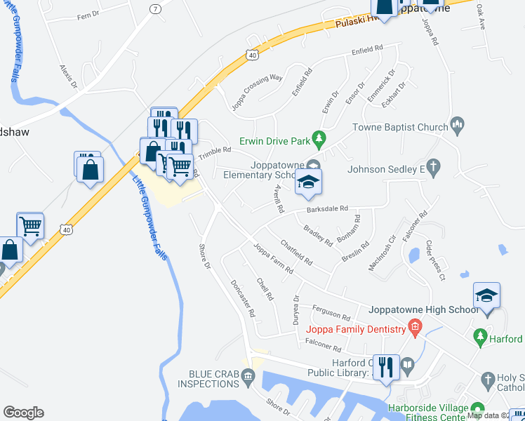 map of restaurants, bars, coffee shops, grocery stores, and more near 313 Adair Court in Harford County