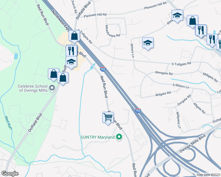 map of restaurants, bars, coffee shops, grocery stores, and more near 10802 Red Run Boulevard in Owings Mills
