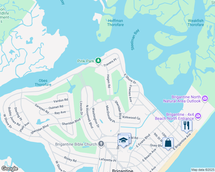map of restaurants, bars, coffee shops, grocery stores, and more near 222 Hagen Road in Brigantine