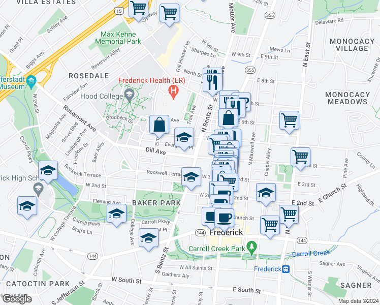 map of restaurants, bars, coffee shops, grocery stores, and more near 209 Dill Avenue in Frederick