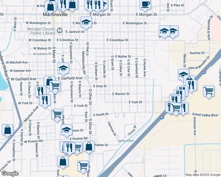 map of restaurants, bars, coffee shops, grocery stores, and more near 789 South Lincoln Street in Martinsville