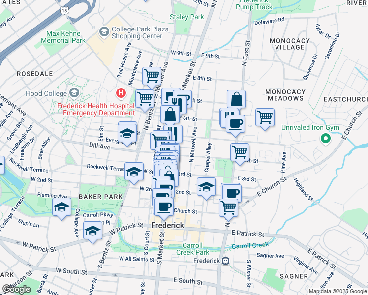 map of restaurants, bars, coffee shops, grocery stores, and more near 18 Maxwell Square in Frederick