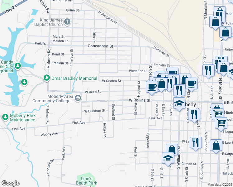 map of restaurants, bars, coffee shops, grocery stores, and more near 815 West Reed Street in Moberly