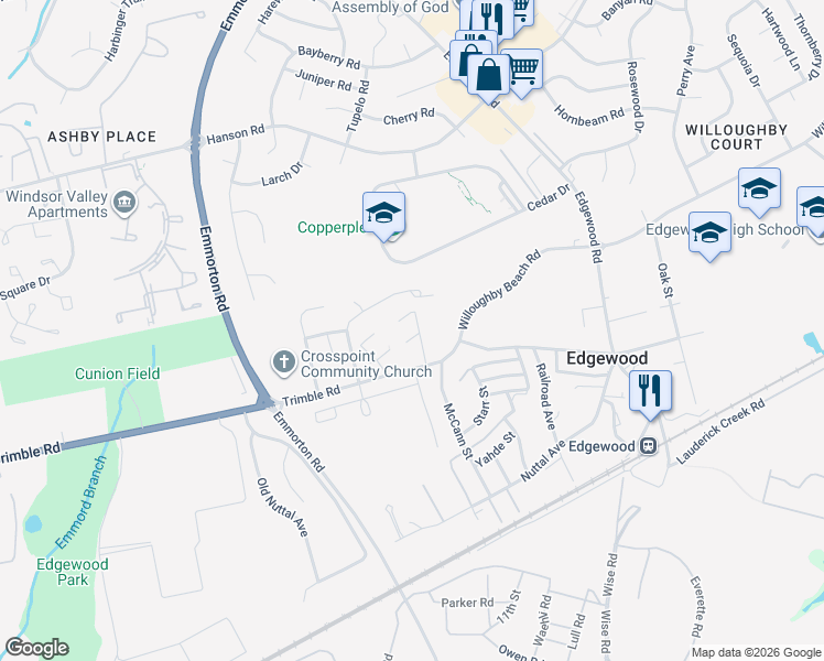 map of restaurants, bars, coffee shops, grocery stores, and more near 402 Gateshead Court in Edgewood