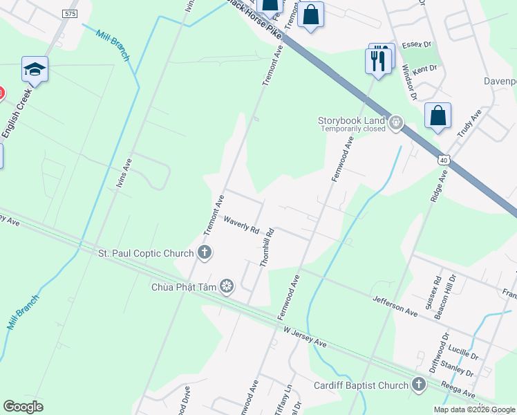 map of restaurants, bars, coffee shops, grocery stores, and more near 15 Thornhill Road in Egg Harbor Township