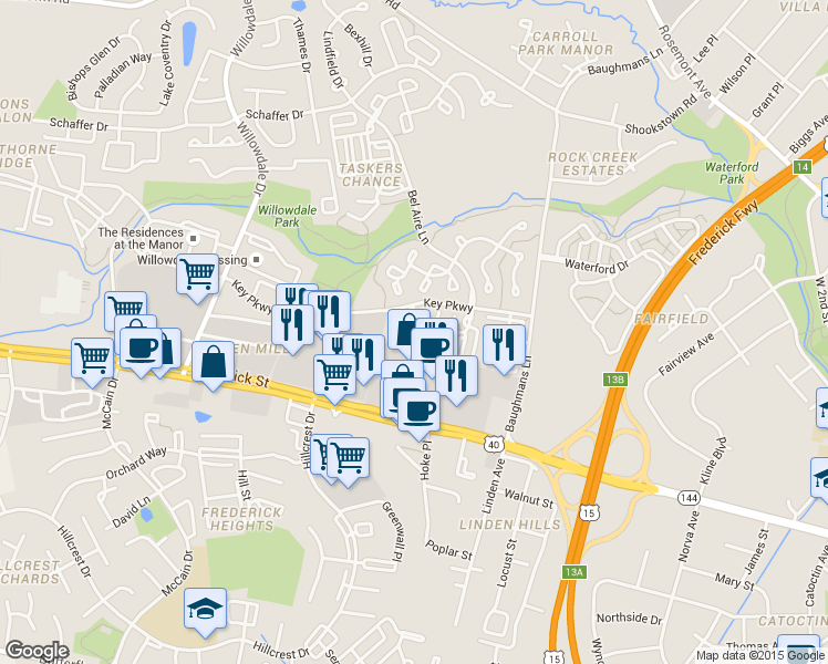map of restaurants, bars, coffee shops, grocery stores, and more near Leather Fern Way in Frederick