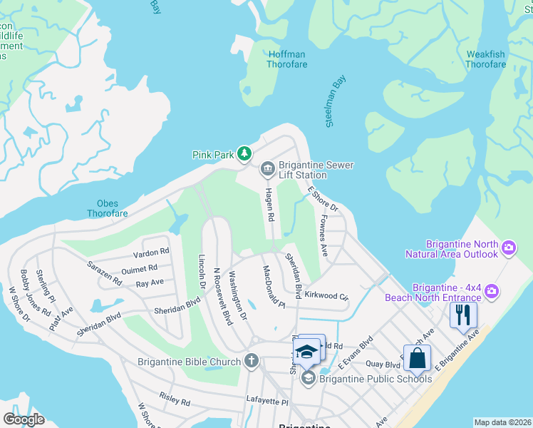 map of restaurants, bars, coffee shops, grocery stores, and more near 222 Hagen Road in Brigantine