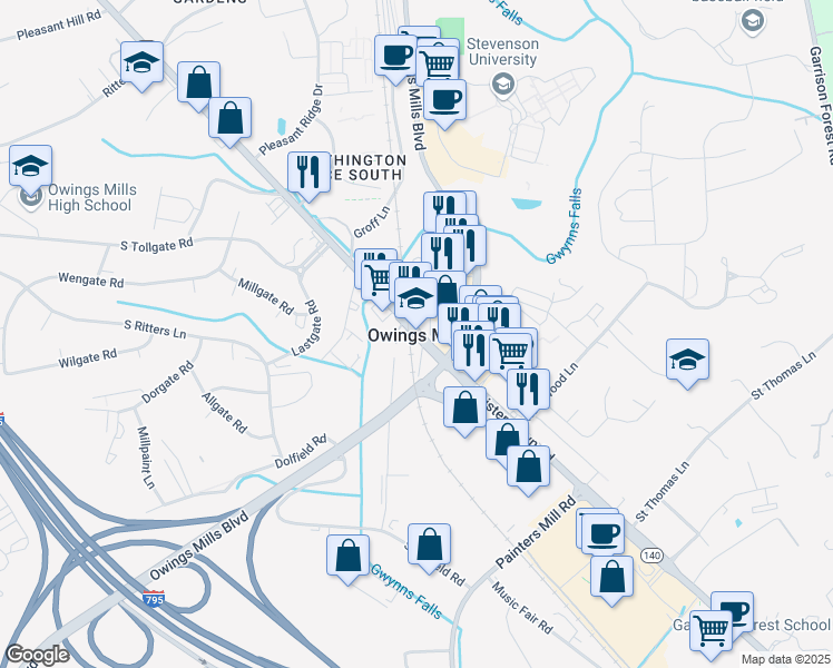 map of restaurants, bars, coffee shops, grocery stores, and more near in Owings Mills