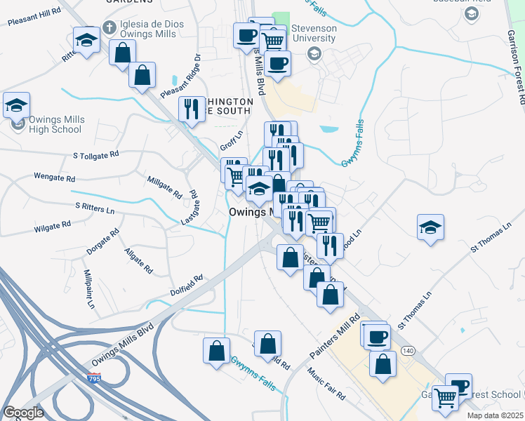 map of restaurants, bars, coffee shops, grocery stores, and more near 9133 Reisterstown Road in Owings Mills