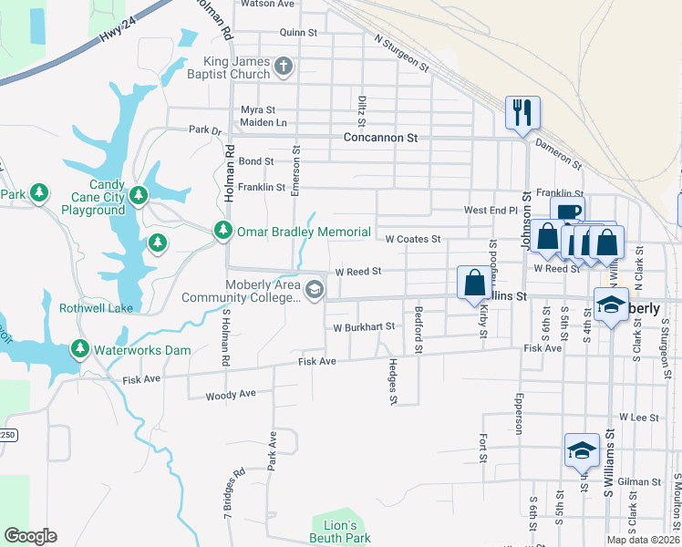 map of restaurants, bars, coffee shops, grocery stores, and more near 999 W Reed St in Moberly