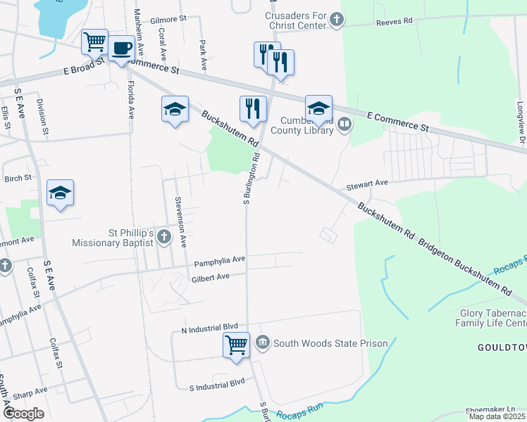 map of restaurants, bars, coffee shops, grocery stores, and more near 90 South Burlington Road in Bridgeton