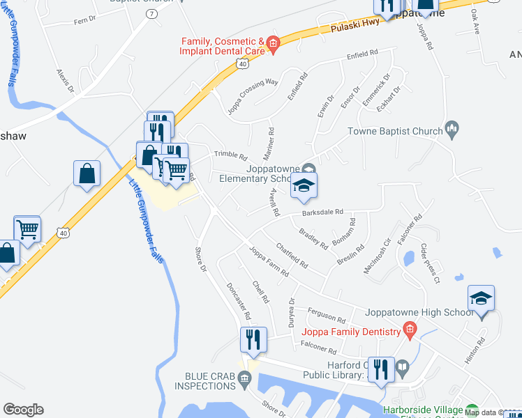 map of restaurants, bars, coffee shops, grocery stores, and more near 323 Adair Court in Harford County