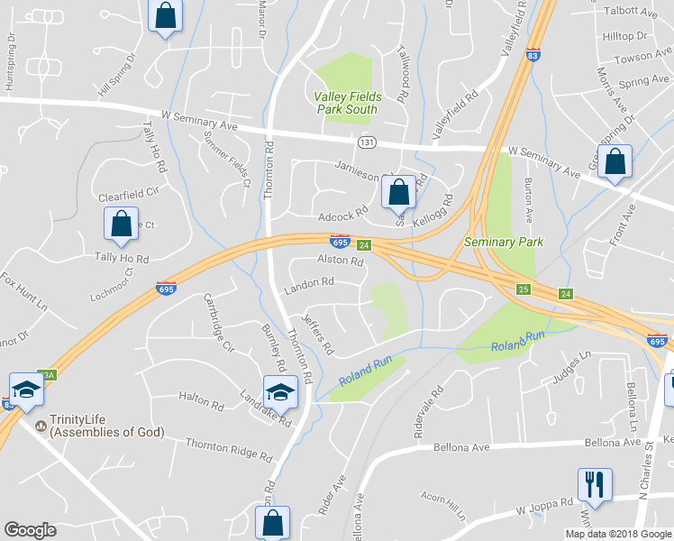 map of restaurants, bars, coffee shops, grocery stores, and more near 1609 Alston Road in Towson