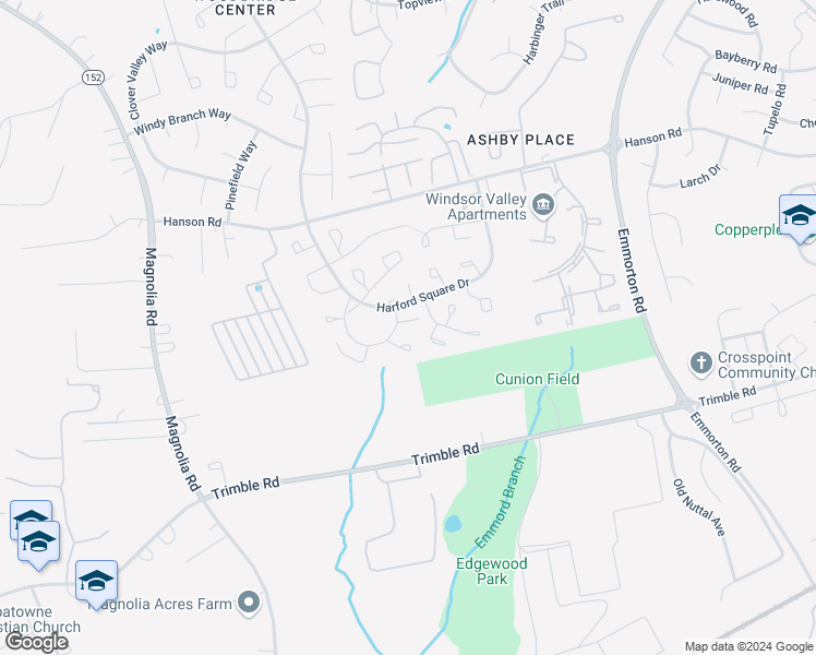 map of restaurants, bars, coffee shops, grocery stores, and more near 1557 Charlestown Drive in Edgewood