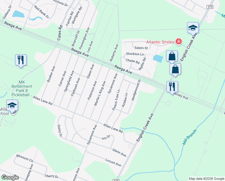 map of restaurants, bars, coffee shops, grocery stores, and more near 115 Peach Tree Lane in Egg Harbor Township