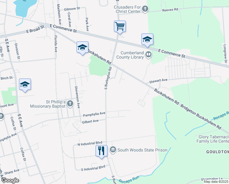map of restaurants, bars, coffee shops, grocery stores, and more near 90 South Burlington Road in Bridgeton