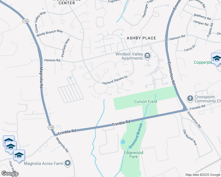 map of restaurants, bars, coffee shops, grocery stores, and more near 1557 Charlestown Drive in Edgewood