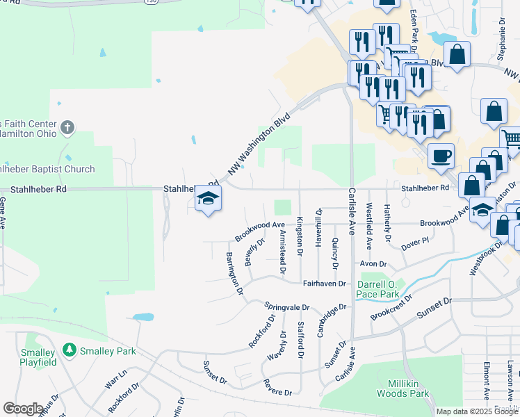 map of restaurants, bars, coffee shops, grocery stores, and more near 33 Beverly Court in Hamilton