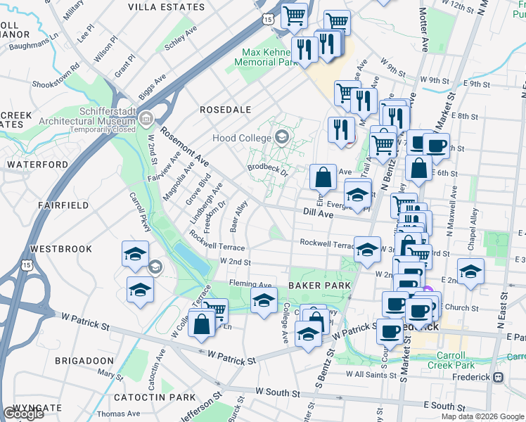map of restaurants, bars, coffee shops, grocery stores, and more near 323 North College Parkway in Frederick