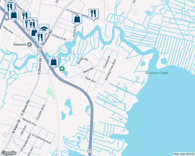 map of restaurants, bars, coffee shops, grocery stores, and more near 205 Cynwyd Drive in Absecon