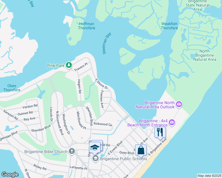 map of restaurants, bars, coffee shops, grocery stores, and more near 1105 East Shore Drive in Brigantine
