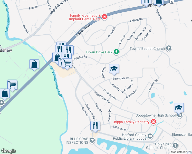 map of restaurants, bars, coffee shops, grocery stores, and more near 322 Adair Court in Harford County