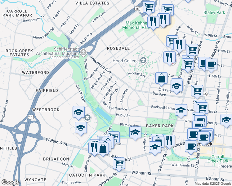 map of restaurants, bars, coffee shops, grocery stores, and more near 319 West College Terrace in Frederick
